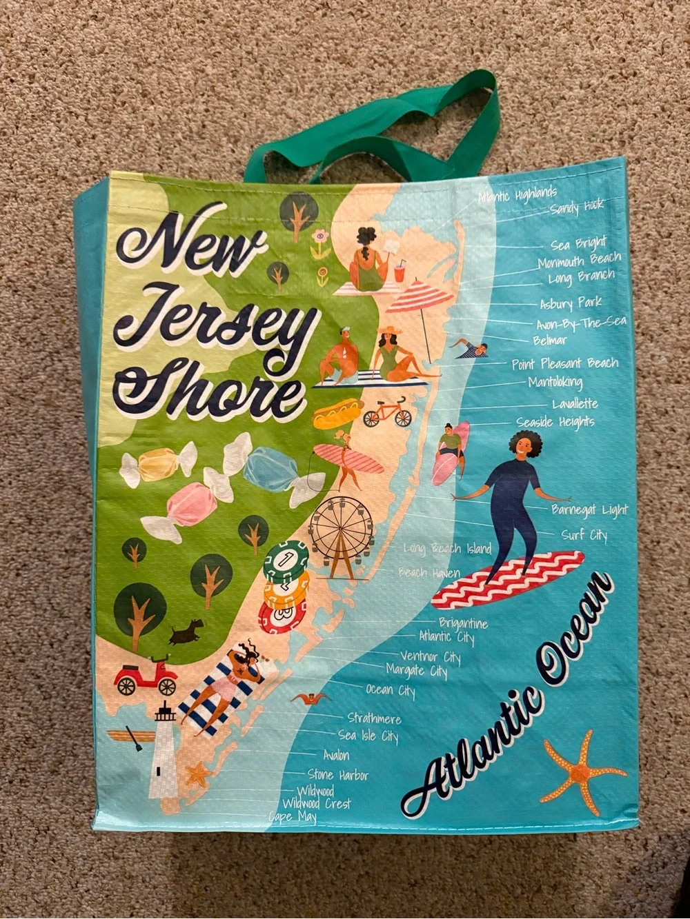 New Jersey Shore Reusable Tote Bag Teal Green Blue Eco-Friendly GroceryShopping